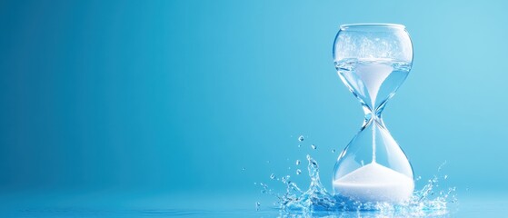 A modern hourglass filled with white sand sits on a blue background, surrounded by splashes of water, symbolizing the passage of time and fluidity.