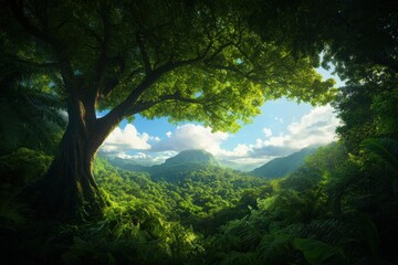 Obraz premium A serene jungle landscape featuring a large tree, vibrant greenery, mountains in the background, and a bright blue sky with clouds.