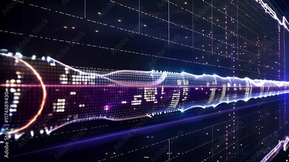 Poster glowing stream of binary code flows through digital pipeline, creating mesmerizing ripples of light 