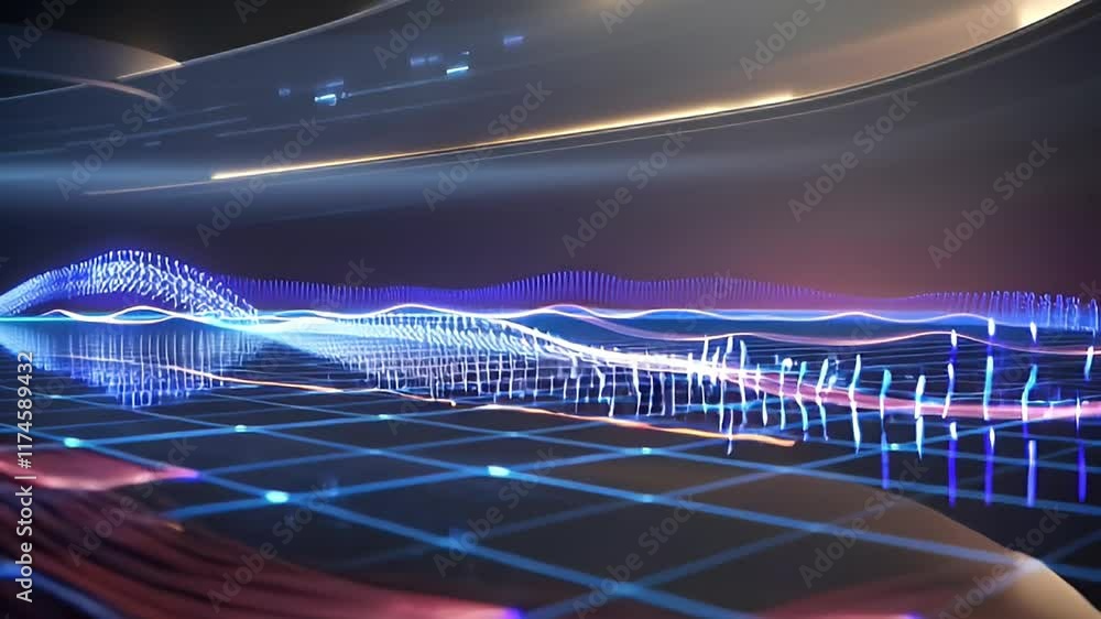 Poster dynamic and vibrant wave of glowing data signals flows across digital landscape, creating abstract v