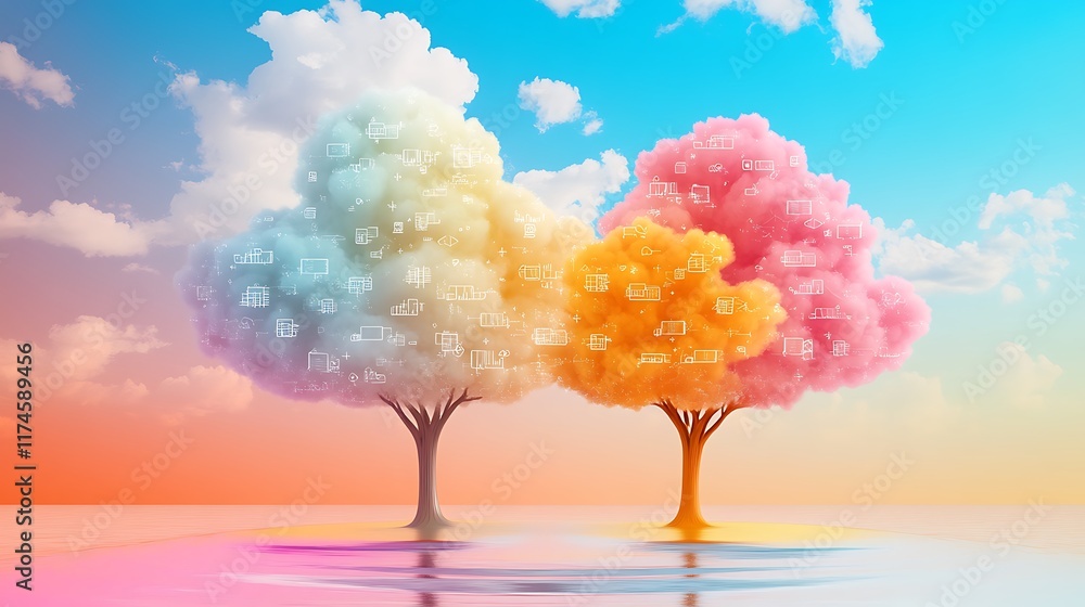 Poster digital abstract illustration of colorful cloud storage concepts with trees and modern tech icons un