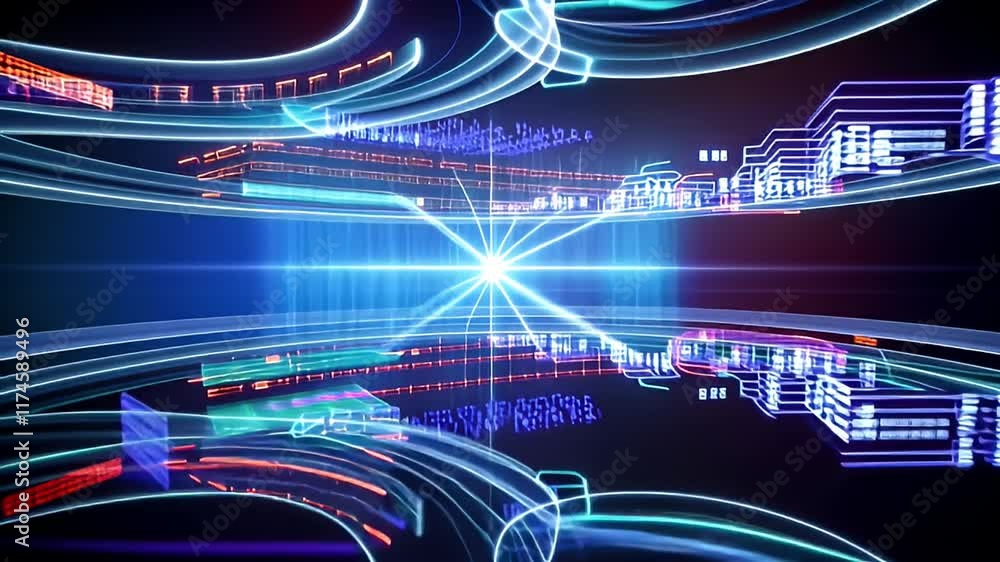 Poster dynamic holographic interface with vibrant colors and swirling data streams creates futuristic atmos
