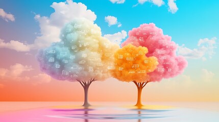 Digital Abstract Illustration of Colorful Cloud Storage Concepts with Trees and Modern Tech Icons Under Vibrant Sky Reflecting on Peaceful Water Surface