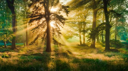 Fototapeta premium Sunlight Beaming Through Forest Trees in a Serene Nature Scene