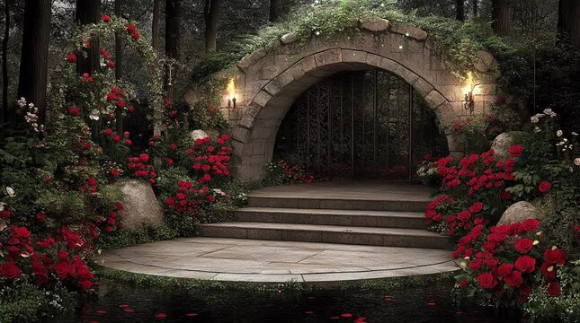 Mystical fantasy gate in an enchanted forest glowing with magical light  
Seamless looping 4k time-lapse virtual video animation Generated AI