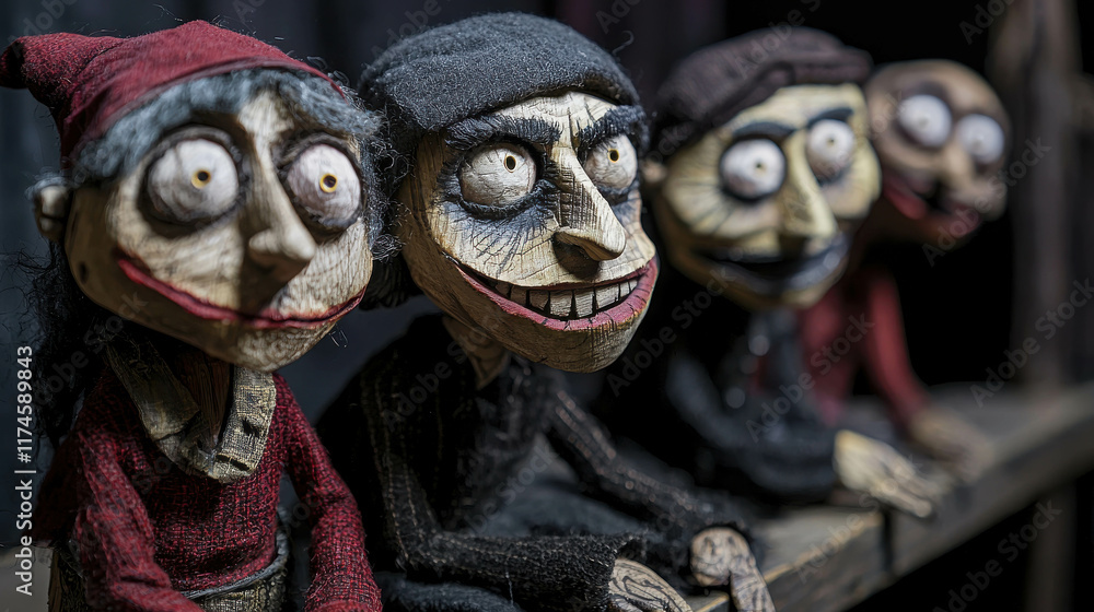 Poster handcrafted wooden puppets with unique features displayed on a shelf