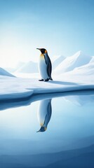Fototapeta premium A solitary penguin stands on ice, reflecting in calm waters under a serene blue sky, surrounded by snow-covered mountains.