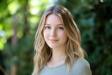 Fototapeta premium Smiling Woman in Nature: A radiant young woman with long blonde hair smiles warmly, her gaze inviting, against a backdrop of lush greenery.