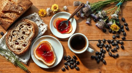 Breakfast with Coffee, Croissants, and Berries on Wooden Background