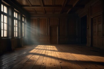 Dark moody interior sunbeams window.