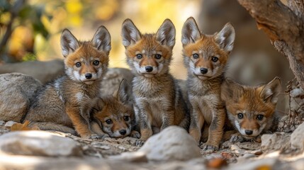 Obraz premium Five playful fox cubs resting together in a natural setting.