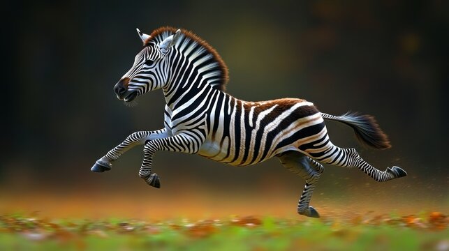 A zebra galloping gracefully across a blurred natural background.