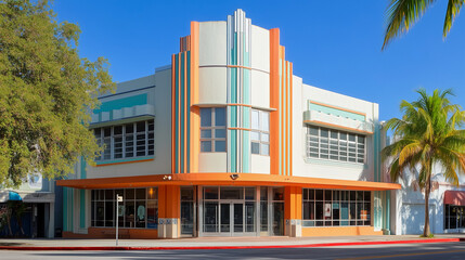 Fototapeta premium Art Deco building with bold geometric shapes and elegant detailing, vibrant colors, urban setting