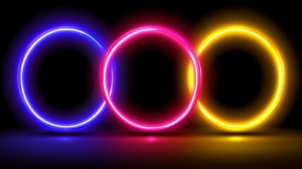 Naklejka premium Three vibrant neon circles glow brightly in the dark