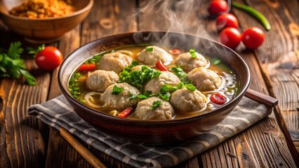 Delicious Indonesian Bakso Meatball Soup in Wooden Bowl - High Angle Night Shot
