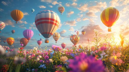 Obraz premium Colorful Hot Air Balloons Soaring Over a Vibrant Flower Field