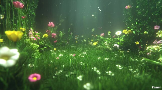 Misty flower field in a fantasy forest with ethereal atmosphere  
Seamless looping 4k time-lapse virtual video animation Generated AI