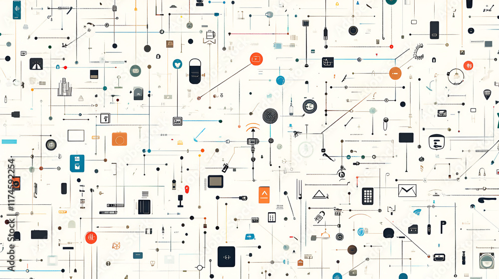 Poster interconnected world: a digital tapestry of abstract icons and lines, representing the interconnecte