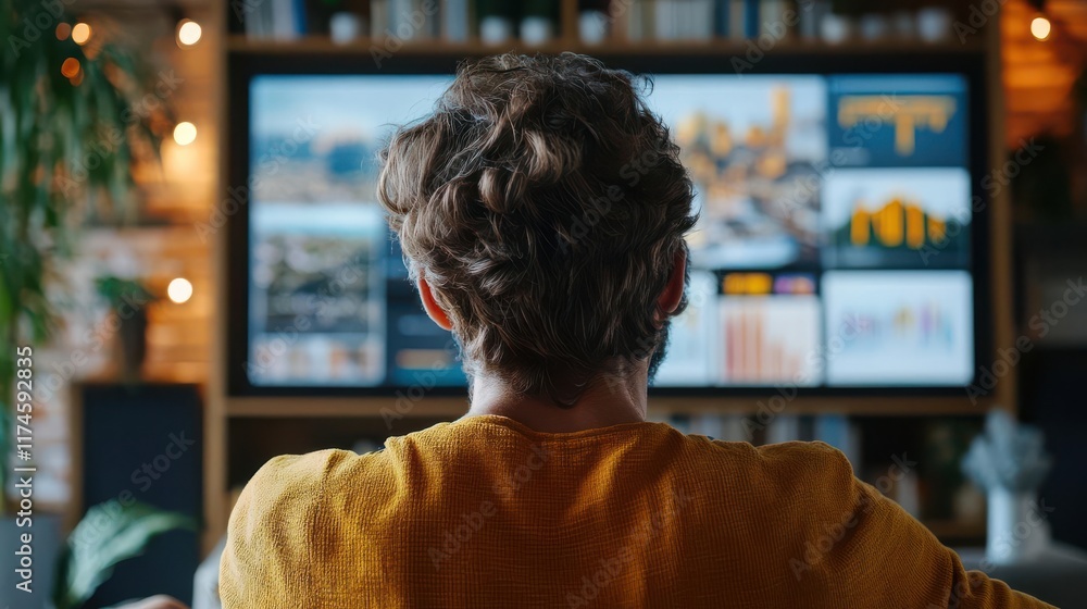 Poster a person sits in front of a large screen displaying various data visualizations, immersed in analysi