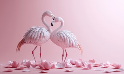 Fototapeta premium Flamingos forming heart pink background nature elegant love