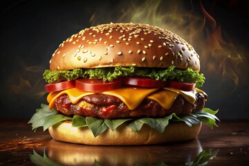 hamburger on black background beef burger with lettuce, cheese and onions served on a cutting board on a black wooden table, with copyspace.