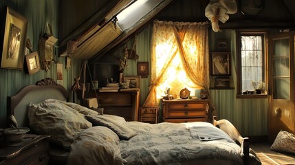 Sunlit Attic Bedroom: Vintage Charm and Rustic Decor