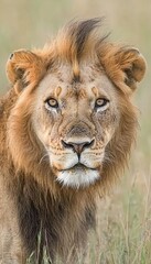 Obraz premium A close-up portrait of a majestic lion showcasing its features in a natural setting.