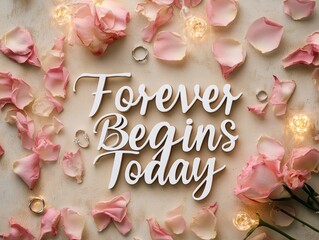 Elegant Wedding Inspiration Forever Begins Today with Rose Petals and Rings - Perfect for National Wedding Planning Day, Valentines Day, and Anniversaries