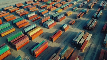Drone shot of shipping containers in neat rows at a port, international freight management 