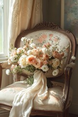 Romantic Bridal Bouquet on Antique Chair for National Wedding Planning Day, Valentines Day, and Mothers Day