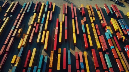 Obraz premium Drone shot of shipping containers in neat rows at a port, international freight management 