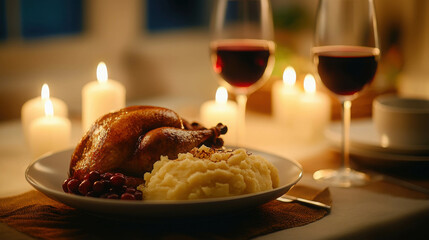 Beautifully Set Thanksgiving Dinner Table with Roast Turkey and Candles