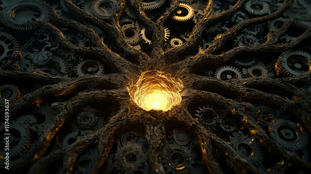 Poster mechanical tree with gears and cogs in intricate design and warm light