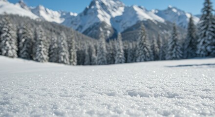 Obraz premium A breathtaking winter landscape featuring a dense forest of snow-covered pine trees in the foreground with a blurred mountain range in the background