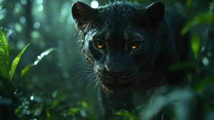 A close-up of a black panther in a lush, green jungle environment.