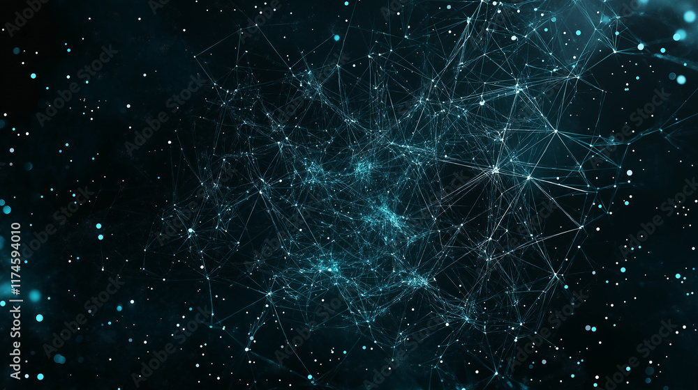 Poster cosmic network: abstract digital art depicting a complex network of glowing teal nodes and connectio