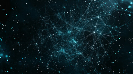 Fototapeta premium Cosmic Network: Abstract digital art depicting a complex network of glowing teal nodes and connections against a dark, starry backdrop. Evokes feelings of mystery, innovation.