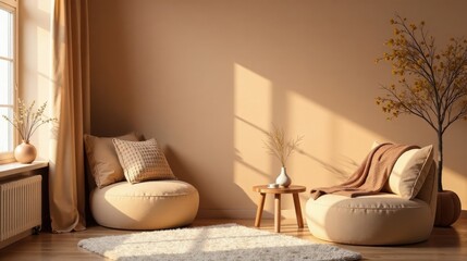 Relaxing Earth Tone Living Room Interior Design with Round Armchairs and Natural Decor