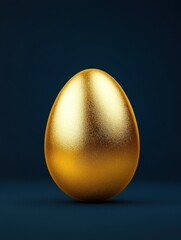 one golden egg isolated on dark blue background - easter concept background with copyspace