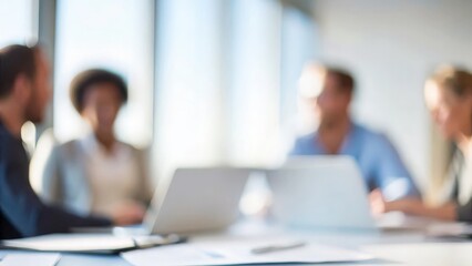 A soft blur capturing colleagues collaborating around a table during a business meeting.
