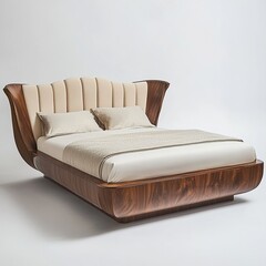Fototapeta premium Elegant Art Deco Wooden Bed: Luxury Bedroom Furniture