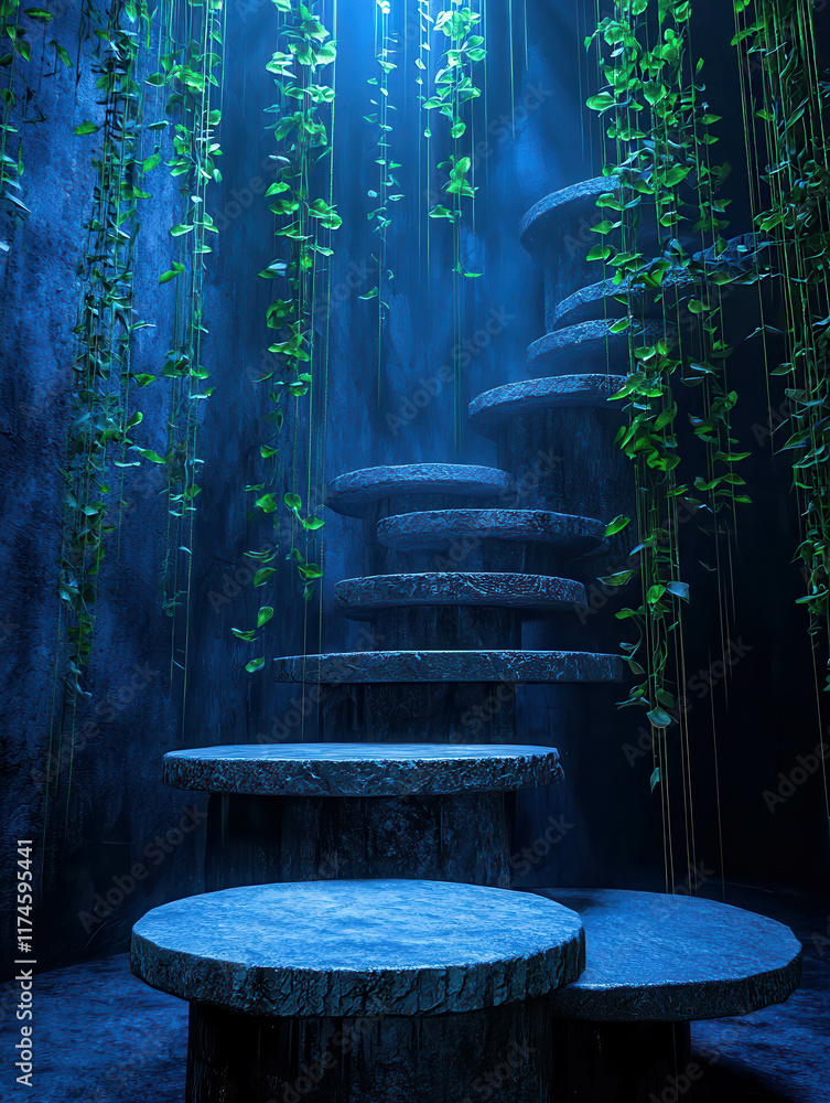 Poster vertical floating steps in a colossal bioluminescent forest scene