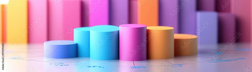 Poster a vibrant 3d graph shows colorful cylindrical and rectangular bars, representing data trends in a vi