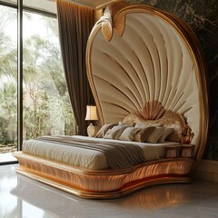 Luxury Shell-Shaped Bed: Opulent Gold & Beige Bedroom Design