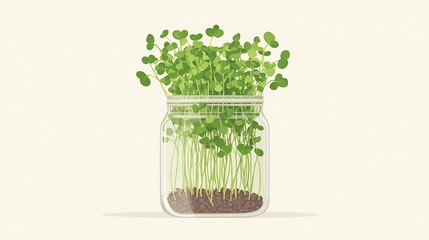 Vibrant Microgreens Grow in Transparent Glass Jar on Plain Background