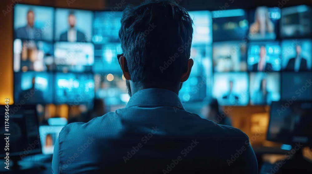 Poster a person sits in front of multiple screens displaying various video feeds, creating a high-tech moni
