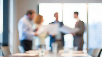 A softly blurred image of professionals reviewing business plans in a corporate setting.
