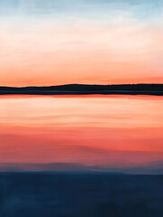 Obraz premium Peaceful Sunset Horizon: A serene landscape of soft, pastel hues as the sun dips below the horizon, casting warm reflections on the still waters of a tranquil lake. 