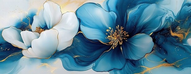 Abstract blue flower with gold glitter and a white background, a modern art print for wall decor. 