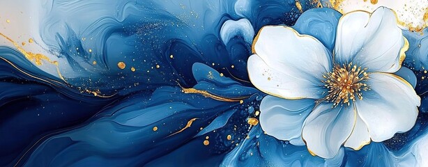 Abstract blue flower with gold glitter and a white background, a modern art print for wall decor. 
